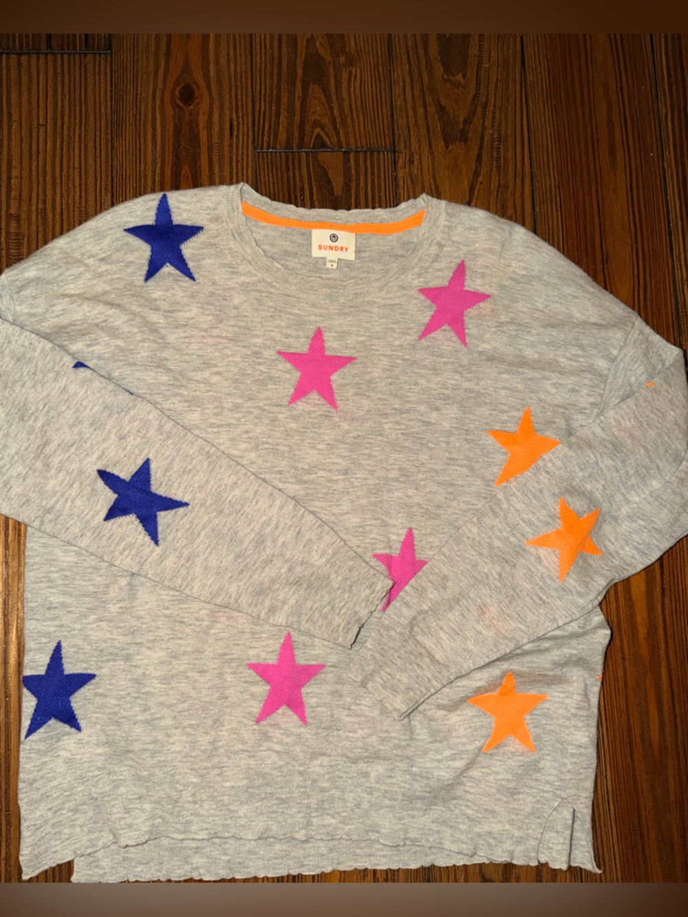 Sundry Gray Crewneck Sweater with Pink, Blue & Orange Stars